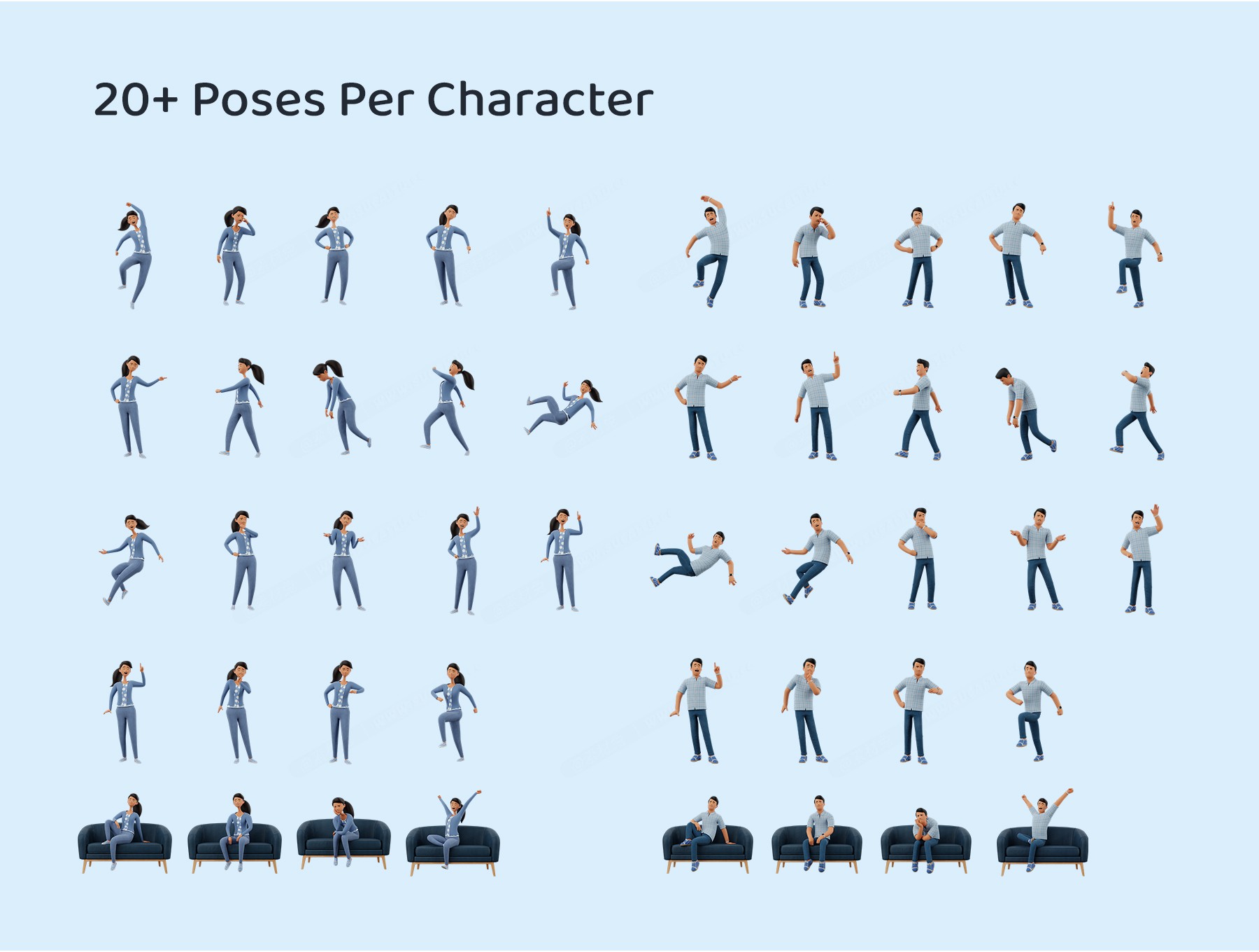 高质量Blender三维渲染卡通人物形象姿势库3D插画素材 3D Character Illustration Pose