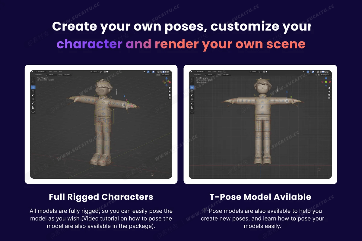 高质量Blender三维渲染卡通人物角色姿势库3D插画素材 Ikigai &#8211; 3D Character Pack