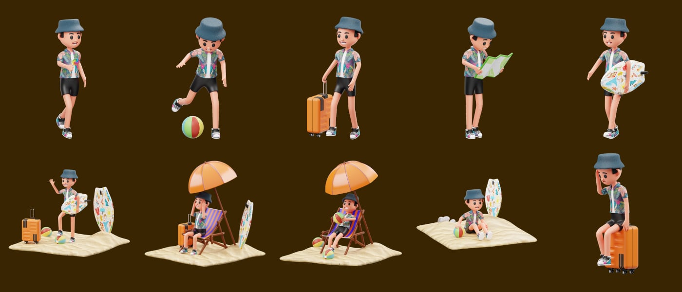 三维渲染假期旅行海滩度假主题卡通人物插画素材 Vacation 3D Character Illustration
