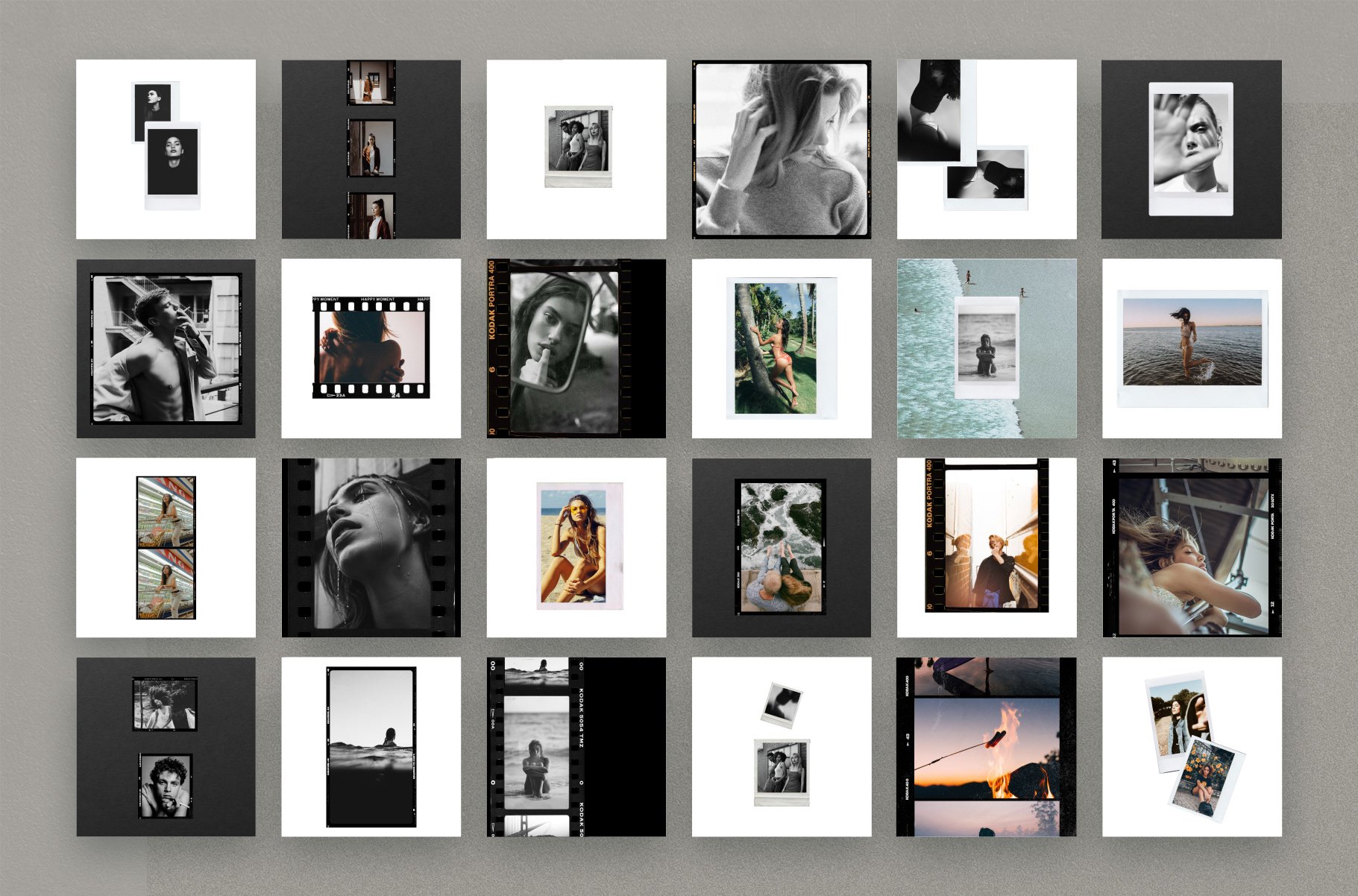100个潮流划痕复古即时帧胶卷框即时PSD模板PNG素材 100 Film Frames &#038; Instant Templates