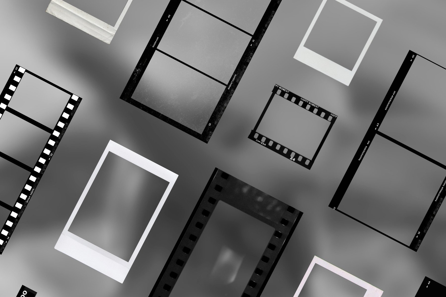 100个潮流划痕复古即时帧胶卷框即时PSD模板PNG素材 100 Film Frames &#038; Instant Templates